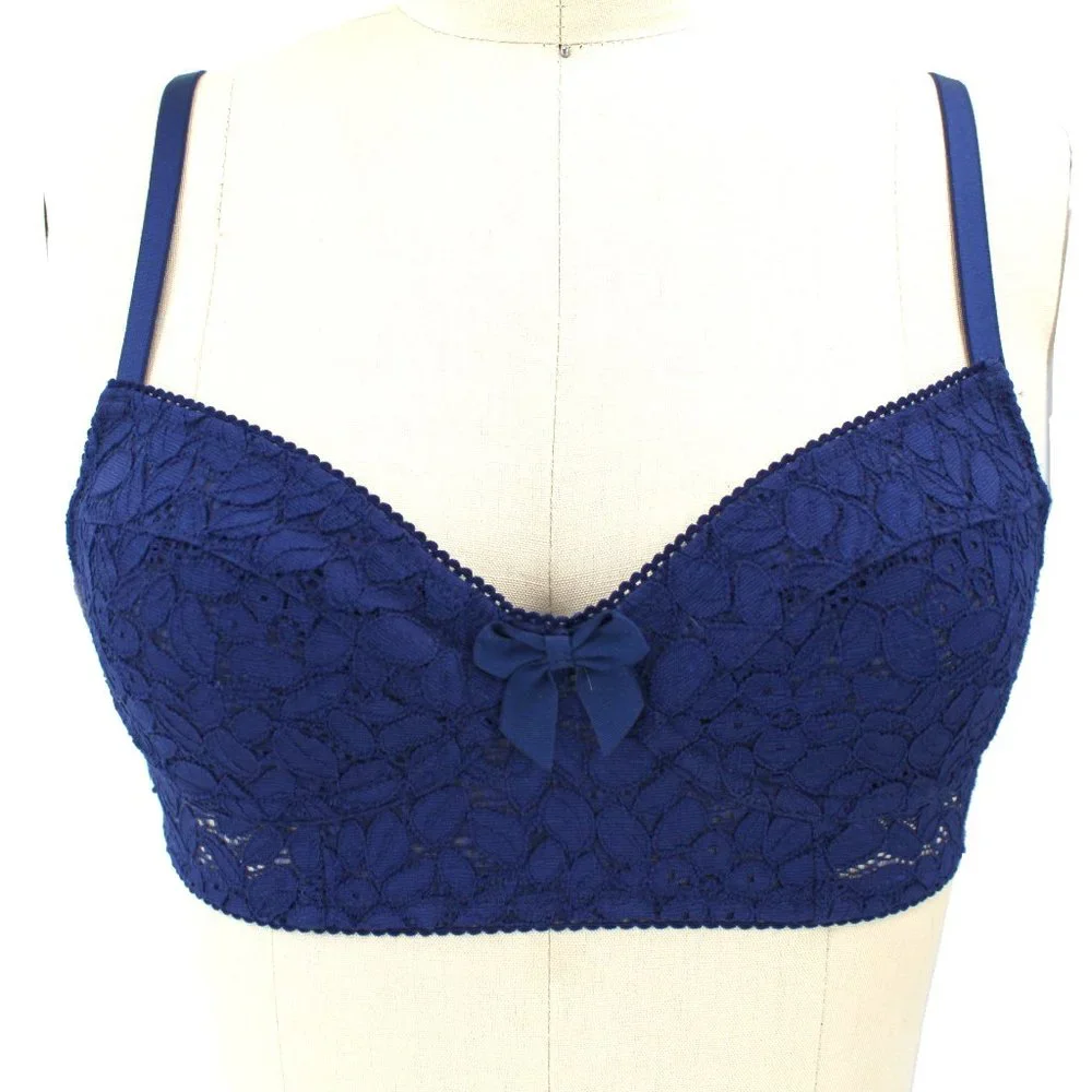 VTG 1970s Blue Lace Bra Sheer Floral Lingerie Adj. Hook Eye 28AB XS/S Unlined - Picture 4 of 8